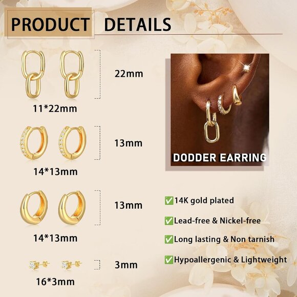 14K Gold Plated Hypoallergenic Link Huggie Earrings Stack Set for Women - Picture 6 of 9